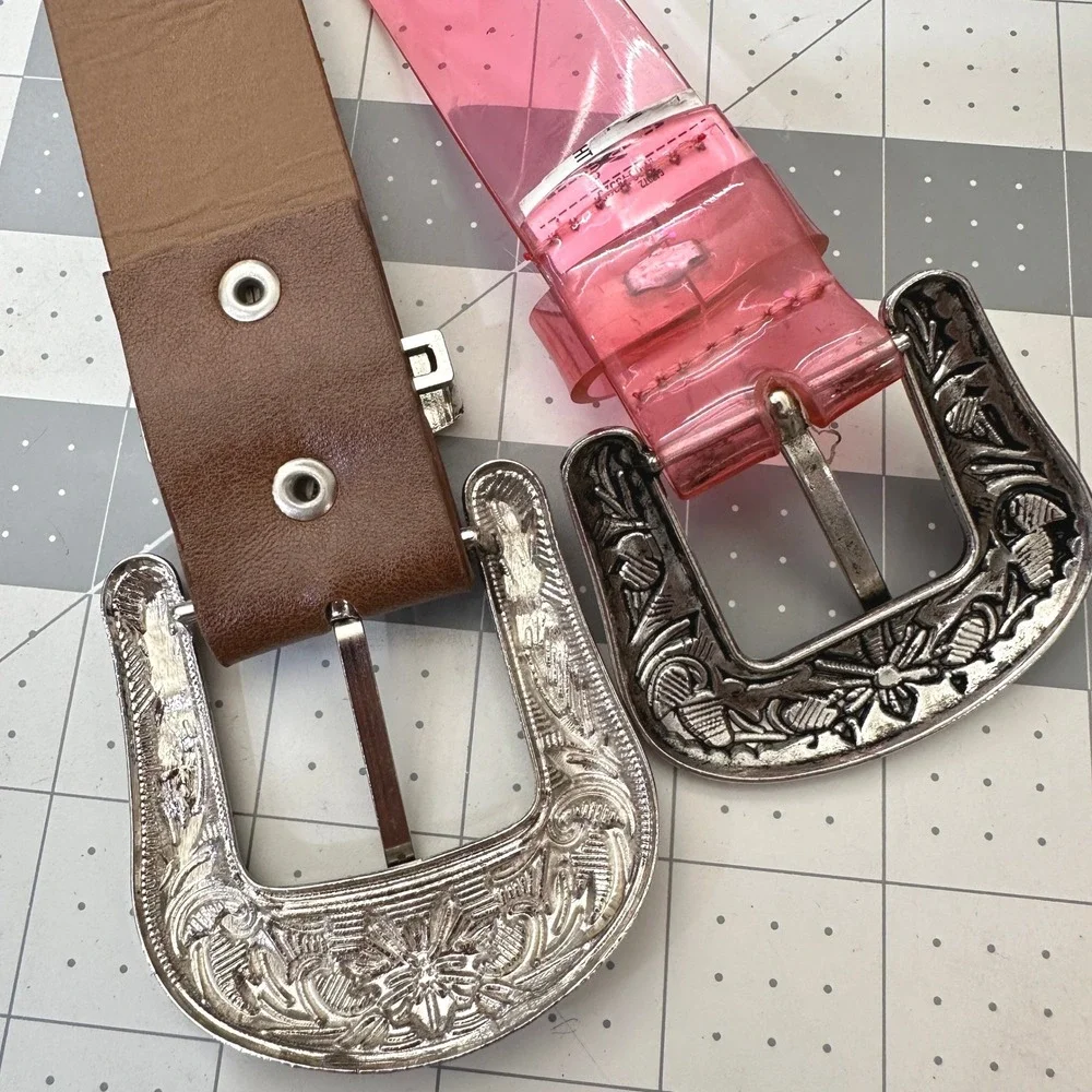 Pair of Y2K Fashion Belts  Pink Transparent Brown Studded Metal Buckle/Tips